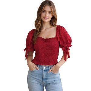 Lily Star Red Swiss Dot Smocked Puff Sleeve Crop Top XL Vibrant Texture Dollcore